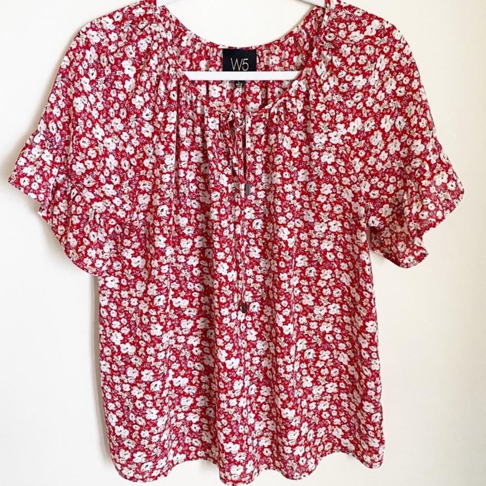 Anthropologie W5 Ruffle Floral Top Red L